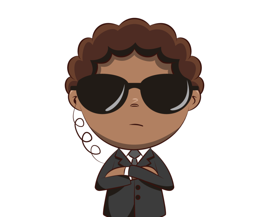 agente-seguridad Ilustración de un niño con traje negro, gafas oscuras y auricular de seguridad.