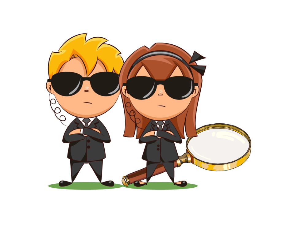 agentes-investigadores Ilustración de dos niños agentes con gafas oscuras y una lupa gigante.