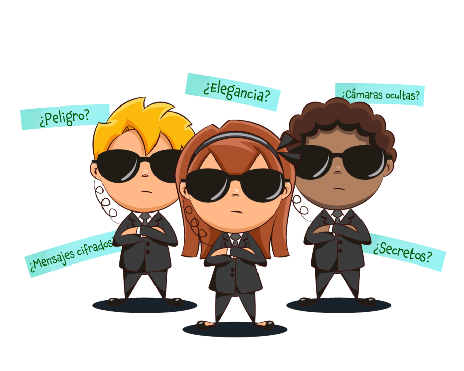 ilustracion-agentes-informacion-segura Ilustración de tres niños con gafas oscuras y trajes formales, de pie con los brazos cruzados, acompañados de letreros que dicen: ‘¿Peligro?’, ‘¿Mensajes cifrados?’, ‘¿Elegancia?’, ‘¿Cámaras ocultas?’ y ‘¿Secretos?