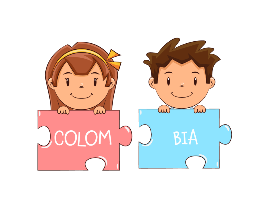 ninos-colombia Ilustración de dos niños sosteniendo piezas de rompecabezas que forman la palabra “Colombia”.