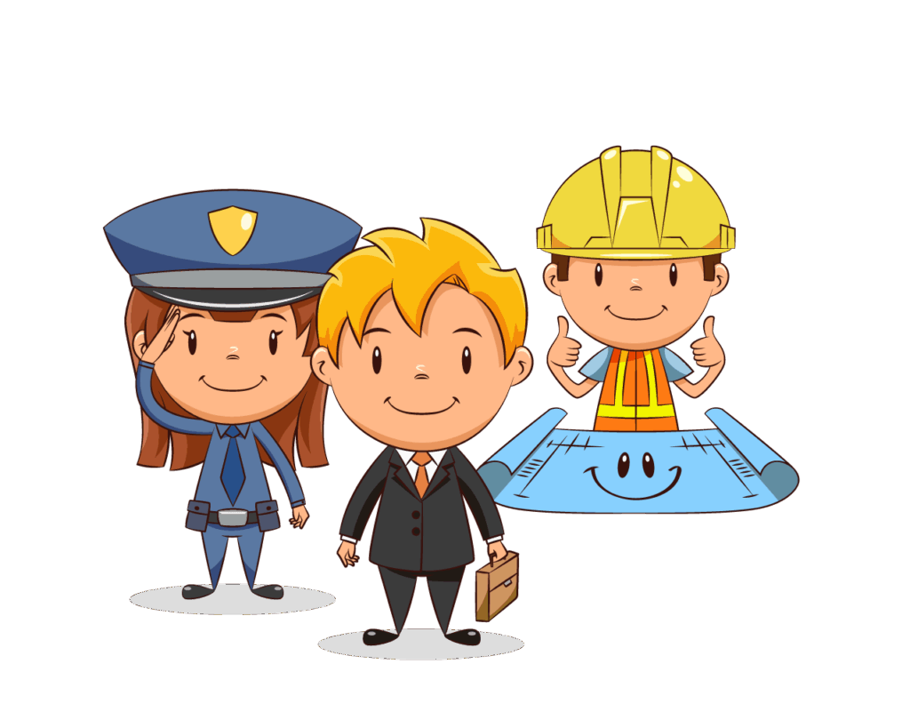 personajes-funcionarios Ilustración de tres personajes que representan a una policía, un empresario y un ingeniero.